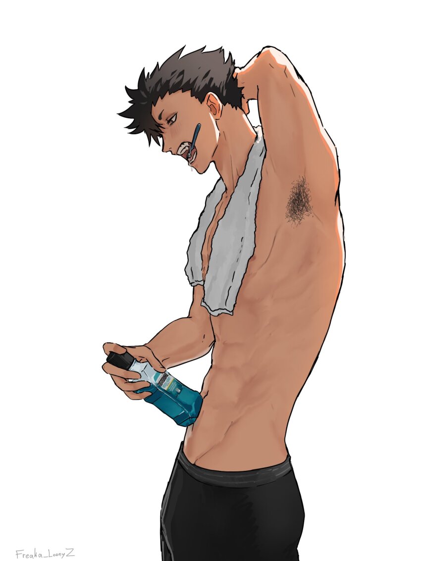 1boy abs arm_behind_head armpit_hair armpits black_hair black_male_underwear boxer_briefs brown_eyes freaka_loonyz haikyuu!! highres kuroo_tetsurou male_focus male_underwear mouthwash navel nipples open_mouth simple_background solo spiked_hair toned toned_male toothbrush toothbrush_in_mouth topless_male towel towel_around_neck twitter_username underwear upper_body white_background