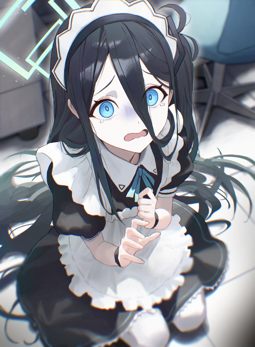 1girl @_@ apron aris_(blue_archive) aris_(mecha_suit)_(blue_archive) black_dress blue_archive blue_eyes blue_ribbon dress highres long_hair maid maid_apron maid_headdress neck_ribbon official_alternate_costume open_mouth pantyhose ribbon senriyama short_sleeves solo tears wavy_mouth white_apron white_headdress white_pantyhose