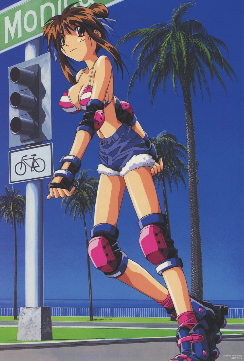 1990s_(style) absurdres bikini bikini_top_only breasts brown_eyes brown_hair denim denim_shorts double_bun hair_bun highres large_breasts nanako_kaitai_shinsho navel non-web_source official_art retro_artstyle roller_skates shichigusa_nanako short_shorts shorts skates swimsuit yamashita_toshinari
