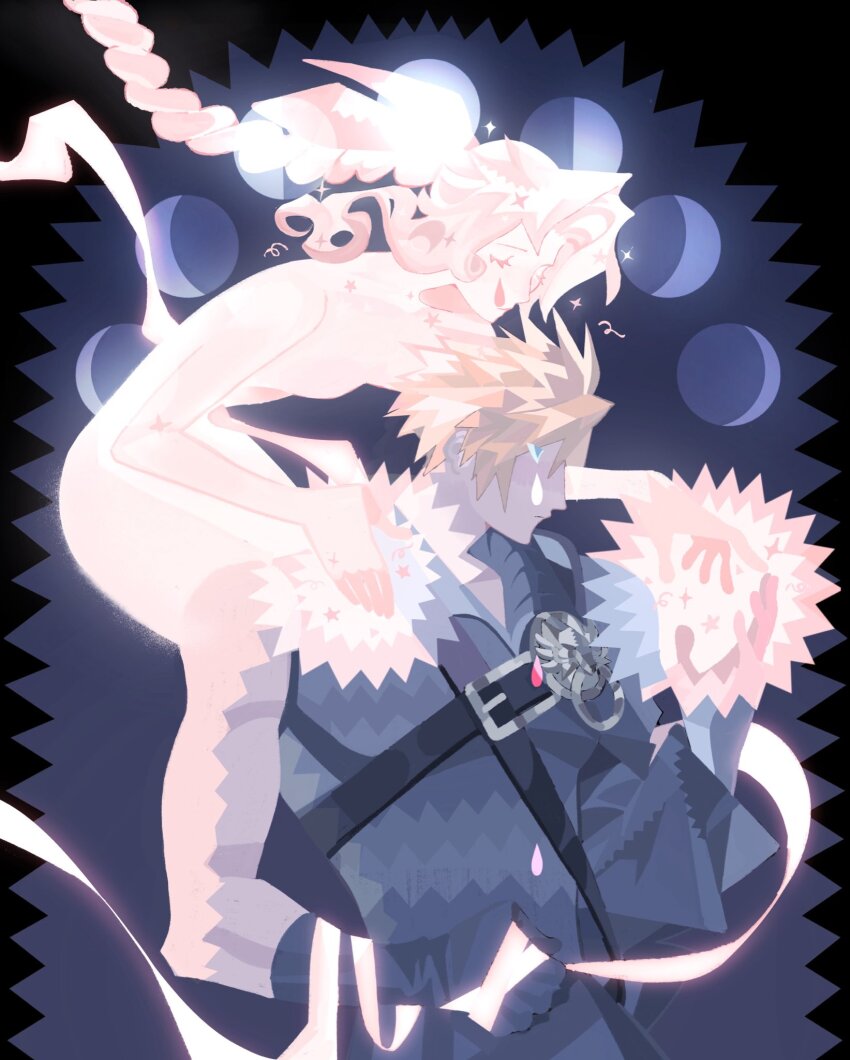 1boy 1girl aerith_gainsborough armor black_border black_gloves black_vest blonde_hair blue_eyes border braid braided_ponytail breasts chest_strap closed_eyes cloud_strife fenrir_(final_fantasy) final_fantasy final_fantasy_vii final_fantasy_vii_advent_children gloves glowing_hands grey_background hair_between_eyes hair_ribbon hand_on_another&#039;s_shoulder hetero highres jaysoysaucee long_hair medium_breasts moon_phases parted_bangs pauldrons pink_ribbon ribbon short_hair shoulder_armor sidelocks single_bare_shoulder single_braid single_pauldron sparkle spiked_hair spirit tears upper_body vest