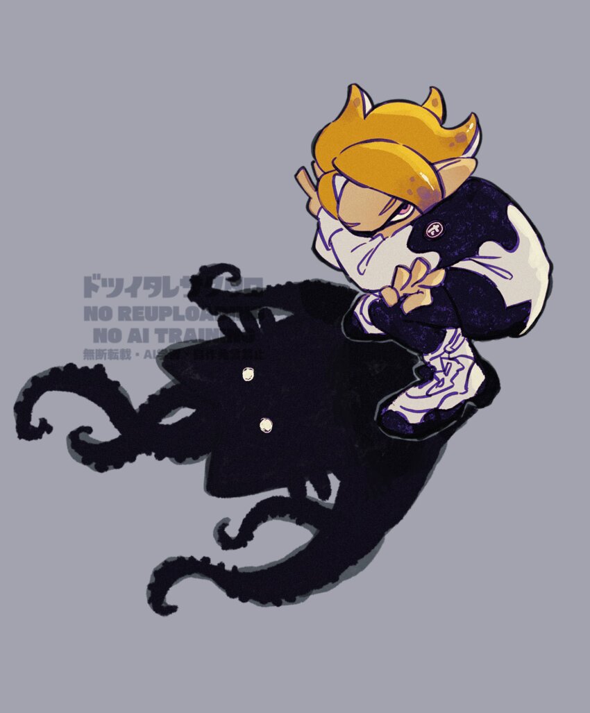 1boy 39_uxue blonde_hair cat_shadow_puppet_(meme) commentary_request different_shadow full_body grey_background highres inkling inkling_boy inkling_player_character jacket looking_at_viewer male_focus medium_hair meme nintendo pink_eyes pointy_ears shoes simple_background solo splatoon_(series) splatoon_3 squatting tentacle_hair tentacles watermark white_jacket white_shoes