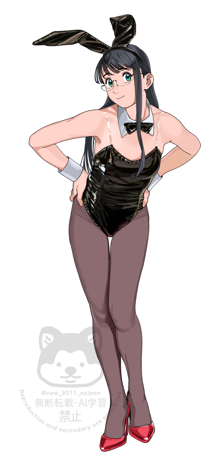 1girl absurdres animal_ear_hairband animal_ears black_bow black_bowtie black_hair black_leotard black_pantyhose bow bowtie detached_collar fake_animal_ears green_eyes hairband hands_on_own_hips high_heels highres kantai_collection leaning_forward leotard long_hair ojipon ooyodo_(kancolle) pantyhose patent_heels playboy_bunny pumps rabbit_ears red_shoes see-through_strap shoes simple_background solo stiletto_heels strapless strapless_leotard watermark white_background wrist_cuffs