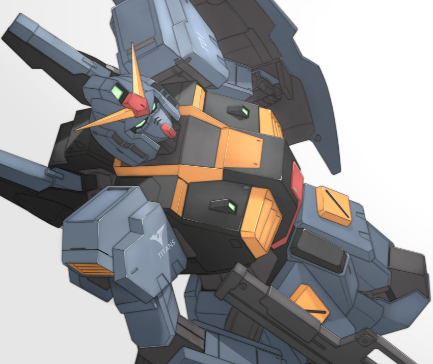 assault_rifle bullpup chile commentary_request floating green_eyes grey_background gun gundam gundam_mk_ii hfw-gr_mr82_90mm_gm_rifle highres holding holding_gun holding_shield holding_weapon humanoid_robot looking_up mecha mecha_focus mobile_suit no_humans prototype_gundam_mk_ii rifle robot science_fiction shield simple_background solo takahashi_masaki titans_(gundam) v-fin weapon zeta_gundam
