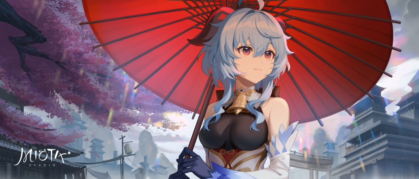 1girl absurdres ahoge architecture bare_shoulders bell black_bodysuit blue_gloves blue_hair blush bodysuit bow breasts chinese_knot closed_mouth cowbell curled_horns darkcatowo detached_sleeves east_asian_architecture eyelashes flower_knot ganyu_(genshin_impact) genshin_impact gloves goat_horns hair_between_eyes highres holding holding_umbrella horns lantern large_breasts leotard leotard_under_clothes long_hair long_sleeves looking_to_the_side low_ponytail oil-paper_umbrella ponytail purple_eyes red_horns sidelocks smile solo tree umbrella wide_sleeves