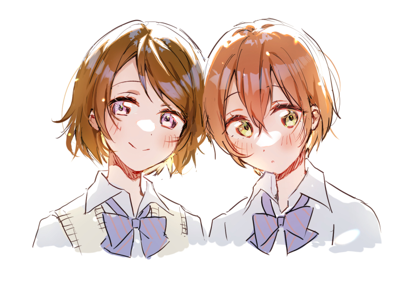 2girls blue_ribbon blush brown_hair brown_vest commentary_request cropped_shoulders hoshizora_rin koizumi_hanayo looking_to_the_side love_live! love_live!_school_idol_project multiple_girls naarann neck_ribbon otonokizaka_school_uniform pink_eyes ribbon school_uniform shirt short_hair smile vest white_background white_shirt yellow_eyes