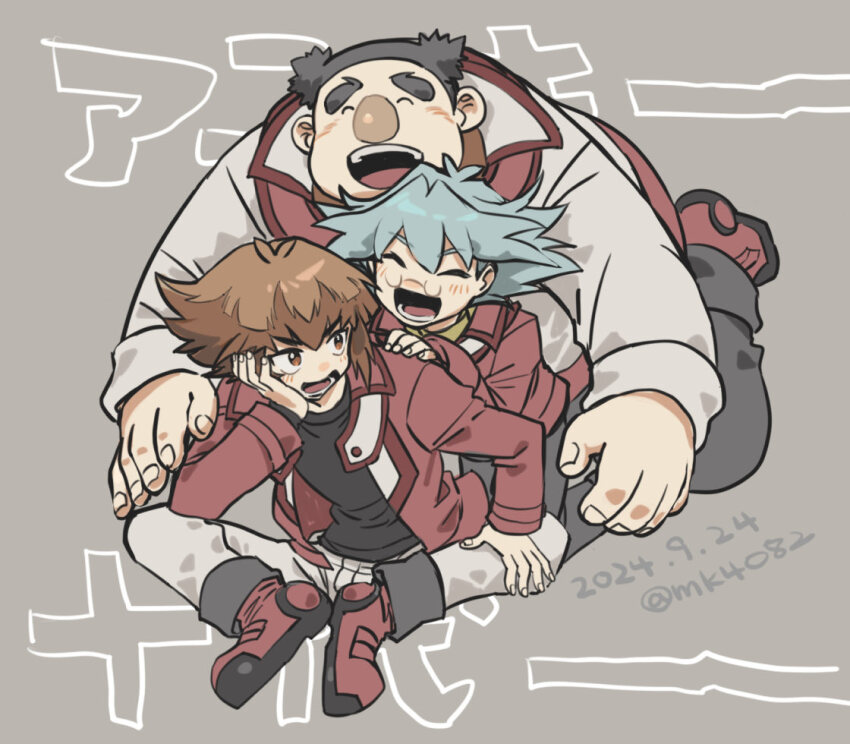 3boys black_shirt blue_hair blush brown_eyes brown_hair dated fingernails glasses grey_background hand_on_own_face hands_on_another&#039;s_shoulders long_sleeves looking_back maeda_hayato male_focus marufuji_sho moiko multiple_boys pants red_footwear shirt short_hair sitting teeth twitter_username upper_teeth_only white_pants yu-gi-oh! yu-gi-oh!_gx yuki_judai