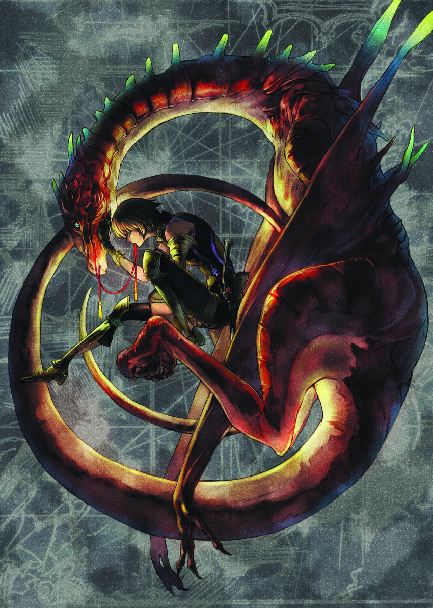 1girl amano_hana armor bad_id bad_pixiv_id blonde_hair commentary dragon female_focus gloves highres mouth_hold original short_hair solo thighhighs