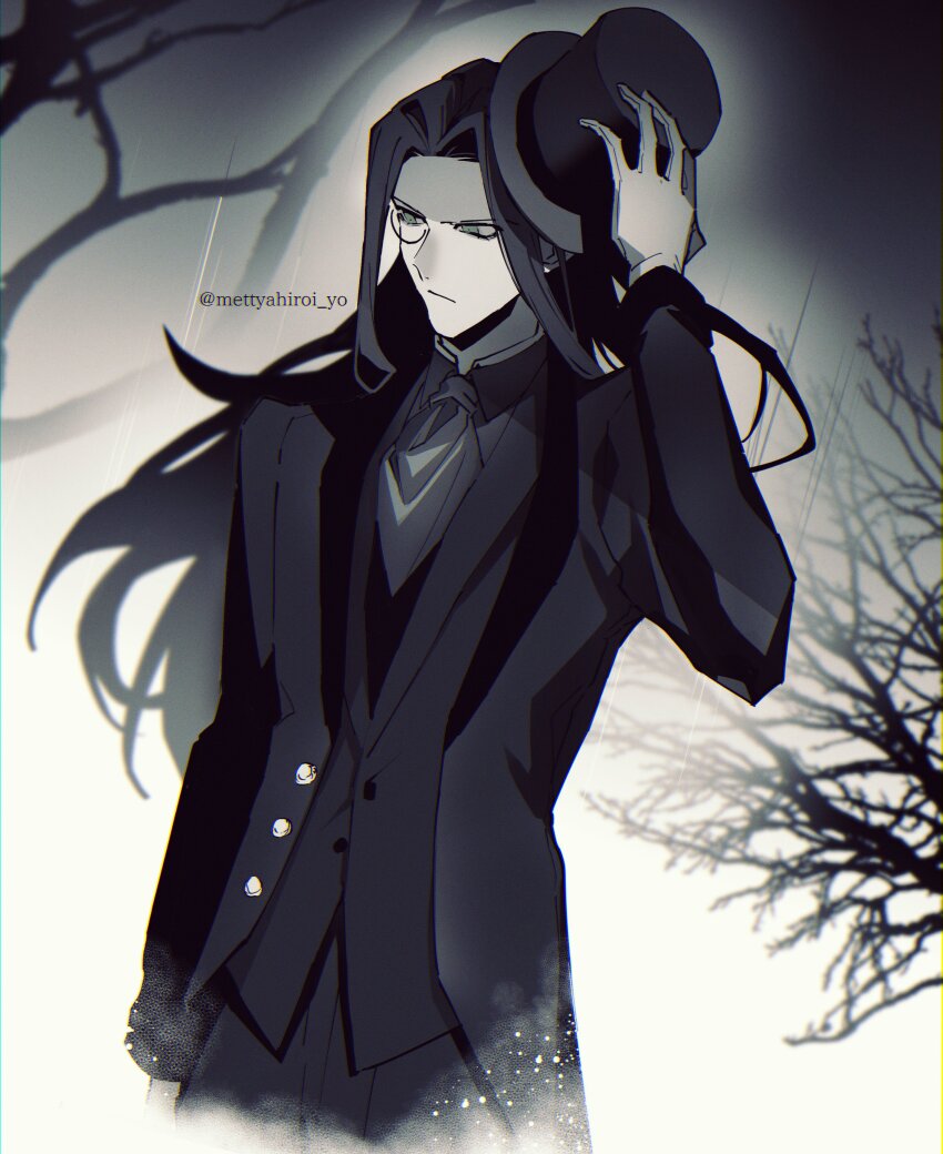 1boy absurdres alternate_costume ascot bare_tree buttons closed_mouth collared_shirt cowboy_shot formal_clothes gloves green_eyes greyscale hand_up hat highres hiroi holding holding_unworn_clothes holding_unworn_hat identity_v jacket lapels long_hair looking_down male_focus monochrome open_clothes open_jacket pants parted_bangs philippe_(identity_v) rain serious shawl_lapels shirt solo spot_color suit top_hat tree twitter_username unworn_hat unworn_headwear vest