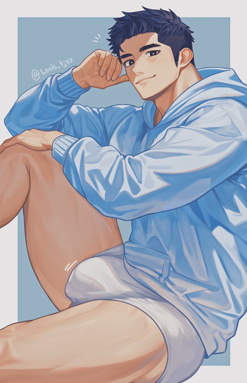 1boy absurdres bara black_hair blue_hoodie bulge closed_mouth highres hood hood_down hoodie looking_at_viewer louis_tjxx male_focus male_underwear original short_hair simple_background sitting smile solo thighs twitter_username underwear white_male_underwear