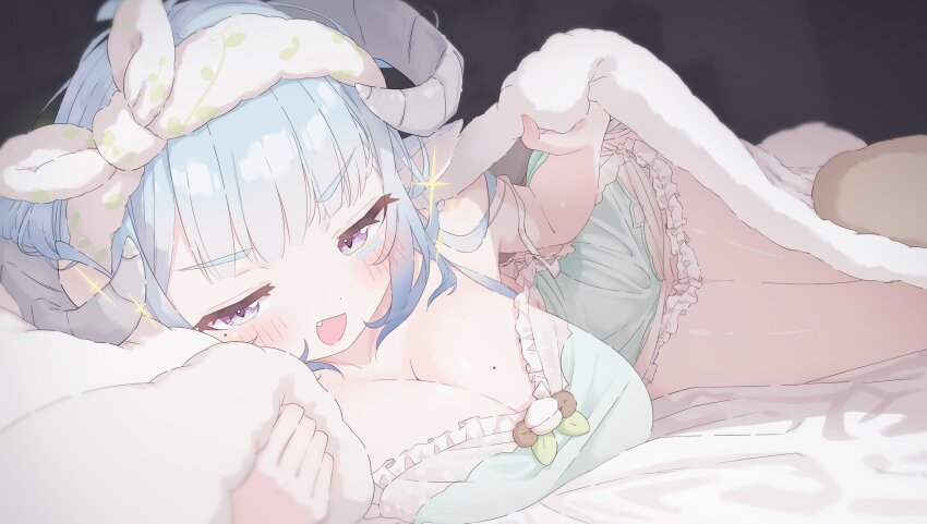 1girl :d bare_arms bare_shoulders bed_invitation blue_hair blurry blush bow bow_hairband breasts camisole cleavage commentary_request commission depth_of_field dot_nose fang frilled_camisole frilled_pajamas frilled_shorts frills green_camisole green_pajamas green_shorts hair_bow hairband hands_up head_on_pillow highres indoors large_breasts looking_at_viewer medium_hair mole mole_on_breast mole_under_eye on_bed open_mouth original pajamas pillow purple_eyes sample_watermark short_shorts shorts skeb_commission smile sparkle straight_hair under_covers v-shaped_eyebrows watermark white_bow white_hairband wqooon
