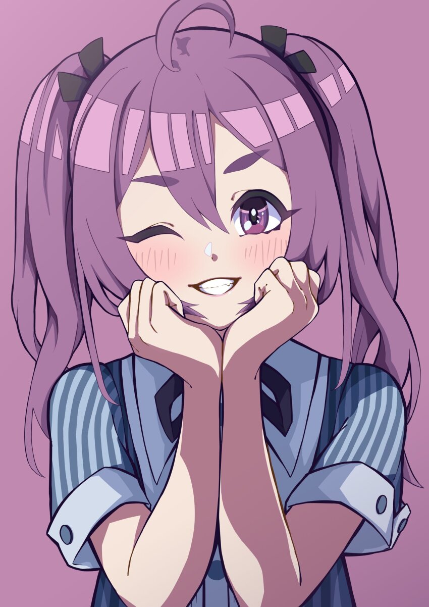 1girl 22/7 ahoge black_bow blush bow dress grin hands_on_own_cheeks hands_on_own_face highres lionmaru0808 long_hair looking_at_viewer neck_ribbon official_art one_eye_closed portrait purple_background purple_eyes purple_hair ribbon rikaisha short_sleeves simple_background smile solo striped_clothes striped_dress teeth tojo_yuki twintails vertical-striped_clothes vertical-striped_dress