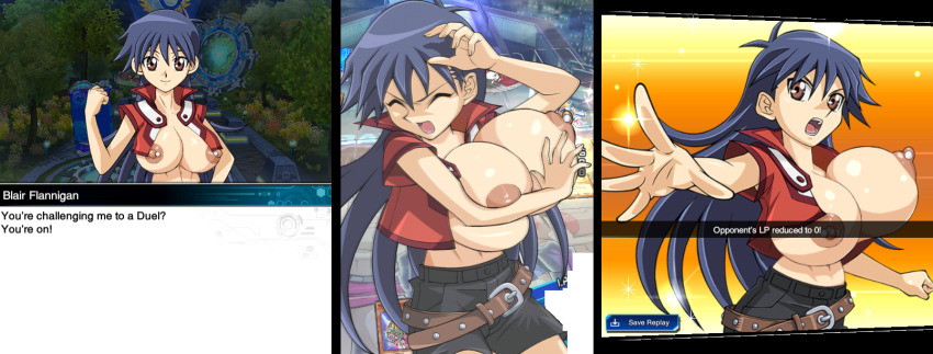 1girl alternate_breast_size blue_hair breasts breasts_out duel_academy_uniform_(yu-gi-oh!_gx) game_mod highres huge_breasts large_breasts long_hair looking_at_viewer mod nipple_piercing nipples nude_mod piercing revealing_clothes rochestedorm saotome_rei shorts topless_female very_long_hair yu-gi-oh! yu-gi-oh!_duel_links yu-gi-oh!_gx