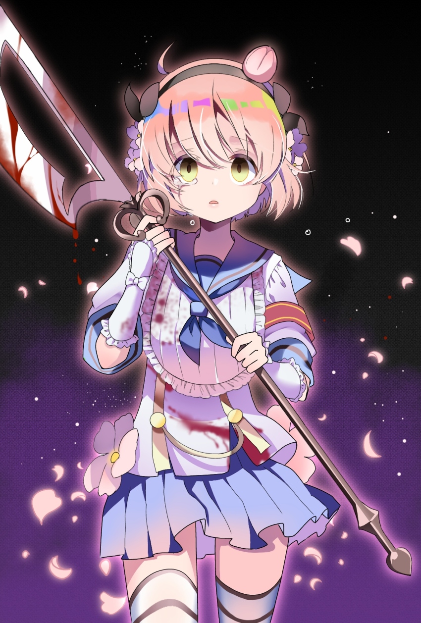 1girl ahoge blood blood_on_clothes bloody_weapon blue_skirt commentary_request cowboy_shot crying crying_with_eyes_open d: female_focus green_eyes hair_between_eyes hairband highres holding holding_weapon looking_at_viewer magical_girl mahou_shoujo_ikusei_keikaku open_mouth parted_lips petals pink_hair piyopoyo pleated_skirt sailor_collar shirt short_hair skirt snow_white_(mahoiku) solo tears thighhighs weapon white_shirt white_thighhighs