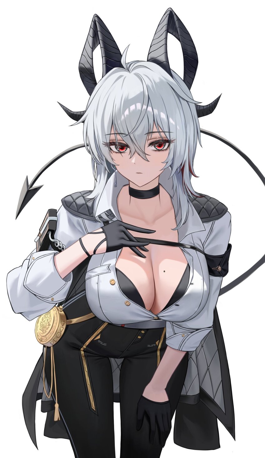 1girl arm_pouch armband black_armband black_bra black_choker black_eyes black_gloves black_horns black_jacket black_pants black_pouch black_tail bra bra_peek breasts choker closed_mouth collarbone collared_shirt commentary cowboy_shot curled_horns demon_tail earrings gloves grey_hair hair_between_eyes half_gloves hand_on_own_chest highres horns jacket jacket_on_shoulders jewelry key_earrings leaning_forward long_hair looking_at_viewer mole mole_on_breast multicolored_eyes multicolored_hair pants partially_unbuttoned red_eyes shirt shirt_tucked_in simple_background solo streaked_hair tail tight_clothes tight_pants two-tone_eyes underwear white_background white_shirt wuthering_waves yuridango zani_(wuthering_waves)