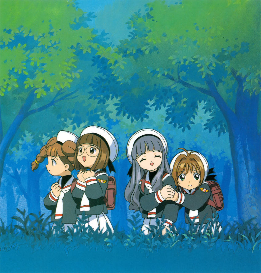 4girls absurdres backpack bag brown_hair cardcaptor_sakura child closed_eyes daidouji_tomoyo green_eyes highres kinomoto_sakura mihara_chiharu multiple_girls official_art outdoors sasaki_rika scared school_uniform short_hair tomoeda_elementary_school_uniform tree yanagisawa_naoko