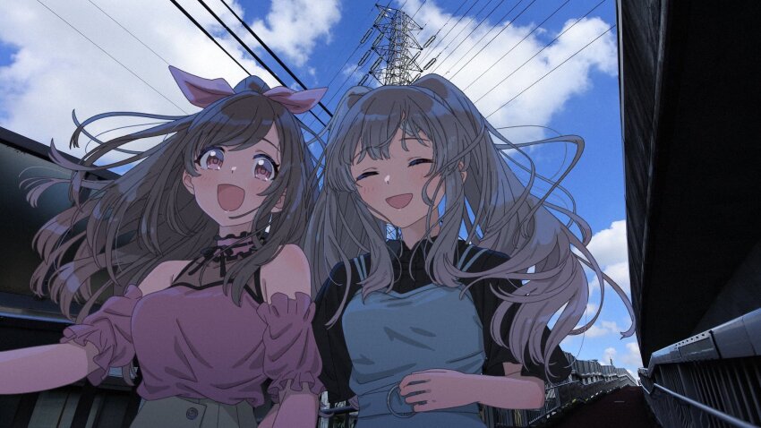 2girls :d ^_^ bandaid bandaid_on_face bandaid_on_forehead black_shirt blue_dress blunt_bangs brown_hair closed_eyes cloud day detached_sleeves dress eyelashes frilled_sleeves frills green_skirt grey_hair hair_ribbon high_ponytail highres holding_hands idolmaster idolmaster_shiny_colors light_blush long_hair multiple_girls official_alternate_costume open_mouth outdoors pinafore_dress pink_eyes pink_shirt ponytail power_lines ribbon shirt short_sleeves sidelocks skirt sleeveless sleeveless_dress smile stairs swept_bangs takada_(pixiv_97599311) tsukioka_kogane twintails yukoku_kiriko
