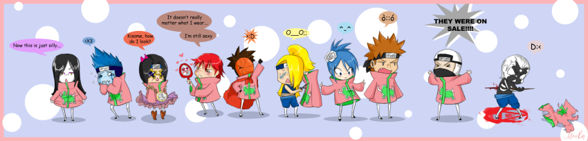 1girl ^_^ akatsuki_(naruto) akatsuki_uniform alternate_costume alternate_form angry annoyed black_gloves blonde_hair blood blue_hair blue_skin blush boots bow brown_hair cape closed_eyes colored_skin cowboy_boots crow213 crying crying_with_eyes_open deidara_(naruto) eyebrows_through_hair eyeliner fang fishnets flower flower_on_head forehead_protector gloves grey_hair hair_over_one_eye hair_tied_up heart heart-shaped_pupils hidan_(naruto) highres holding holding_mirror hoshigaki_kisame jacket kakuzu_(naruto) konan_(naruto) long_hair makeup mirror multiple_boys nagato_(naruto) narrowed_eyes open_mouth orange_hair orochimaru_(naruto) pain_(naruto) pale_skin piercing red_hair scissors self-harm shirt skirt speech_bubble spiked_hair stabbing_self star-shaped_eyewear star_(symbol) symbol-shaped_pupils tearing_up tears tobi_(naruto) torn_clothes torn_jacket uchiha_itachi uchiha_obito unworn_shirt watch