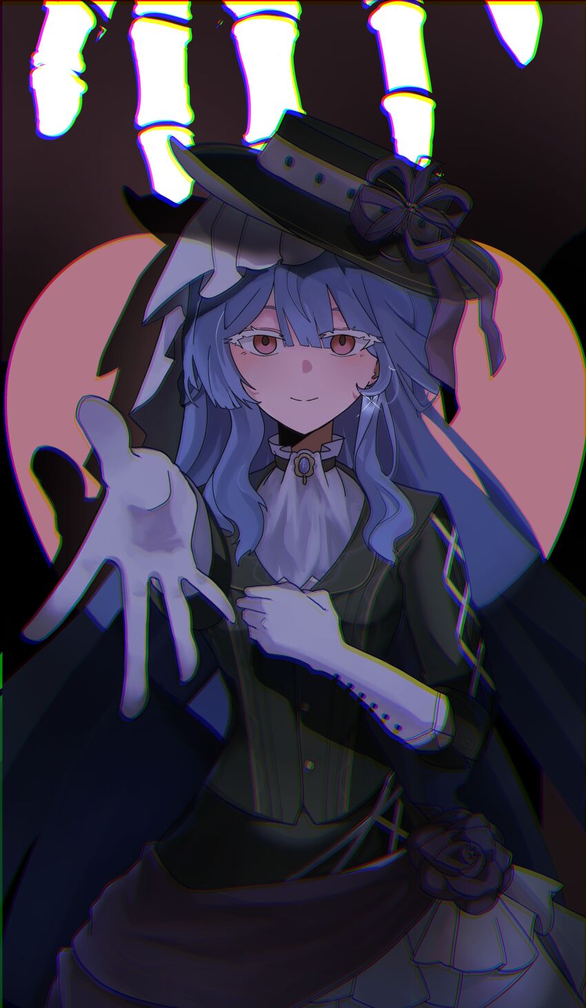 1girl absurdres black_hat brooch chromatic_aberration commentary counter:side dark dress_flower empty_eyes flower glint gloves hair_between_eyes hand_on_own_chest hat hat_ribbon highres jewelry light_smile long_hair outstretched_arm pink_eyes purple_hair reaching reaching_towards_viewer ribbon shadow sid2033 skeletal_hand solo spotlight straight-on swan_claire very_long_hair white_gloves