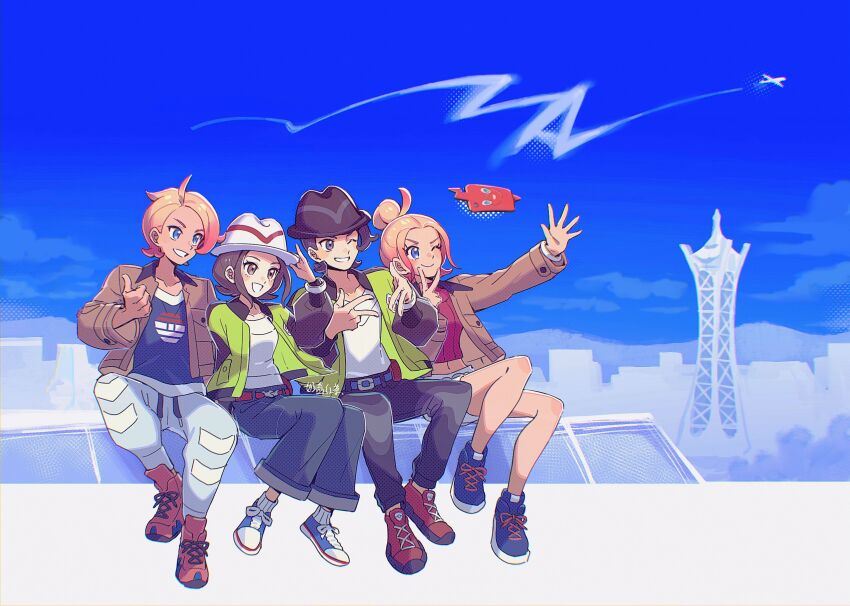 2boys 2girls absurdres bell-bottoms belt blonde_hair blue_eyes breasts brown_hair brown_jacket crop_top forehead full_body game_freak gen_4_pokemon gradient_hair green_jacket grey_eyes harmony_(pokemon) hat highres jacket long_sleeves lumiose_city mismatched_eyebrows multicolored_hair multicolored_jacket multiple_boys multiple_girls nai_gai_hongcha nintendo open_clothes open_jacket pants paxton_(pokemon) pink_eyebrows pink_hair pokemon pokemon_legends:_z-a rotom rotom_phone shirt short_hair sitting taunie_(pokemon) tower turtleneck two-tone_hair two-tone_jacket urbain_(pokemon) white_hat white_shirt