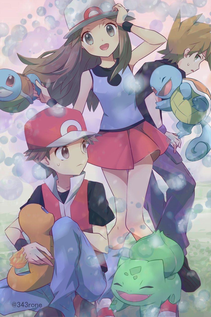 1girl 2boys 343rone absurdres baseball_cap black_shirt blue_eyes blue_oak blue_shirt brown_eyes brown_hair bubble bulbasaur charmander closed_eyes closed_mouth floating_hair gen_1_pokemon hand_up hat highres holding holding_pokemon holding_unworn_clothes holding_unworn_hat jumping leaf_(pokemon) long_hair looking_at_another multiple_boys nintendo open_mouth orange_hair pants pigeon-toed pokemon pokemon_(creature) pokemon_frlg red_(pokemon) red_eyes red_skirt shirt shoes short_hair short_sleeves skirt sleeveless sleeveless_shirt spiked_hair squirt_bottle_(pokemon) squirtle sweatdrop unworn_hat unworn_headwear wristband
