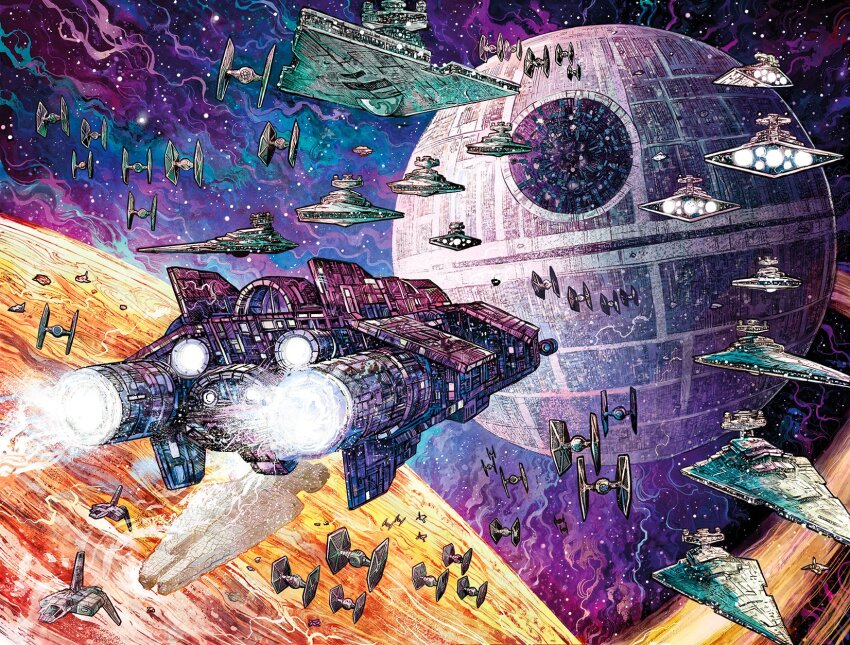 death_star highres military_vehicle no_humans science_fiction space spacecraft star_destroyer star_wars tie_fighter vinartwork