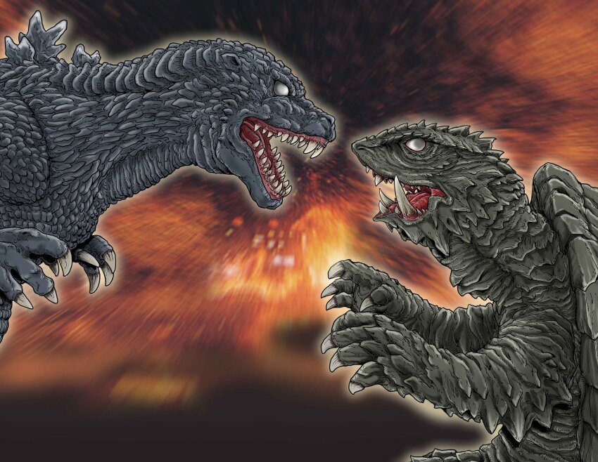 absurdres claws creator_connection crossover daiei_film dinosaur fire gamera gamera_(series) gamera_3:_revenge_of_iris godzilla godzilla,_mothra_and_king_ghidorah:_giant_monsters_all-out_attack godzilla_(series) highres kaiju monster no_humans no_pupils open_mouth roaring satoru33 sharp_teeth simple_background spikes teeth toho tongue trauma_gamera turtle tusks white_eyes