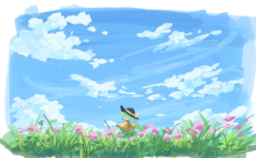 1girl black_hat blue_sky cloud commentary_request day flower frilled_sleeves frills grass green_hair green_skirt hat hat_ribbon heart heart_of_string highres komeiji_koishi long_sleeves looking_at_viewer outdoors pink_flower ribbon shirt skirt sky solo suteruko touhou wide_sleeves yellow_ribbon yellow_shirt