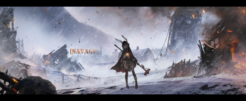 1girl absurdres animal_ears arknights black_boots black_pantyhose black_shirt boots character_name cloak de4d_fish ears_through_headwear grey_hair highres hood hood_up hooded_cloak looking_at_viewer outdoors pantyhose rabbit_ears rabbit_girl ruins savage_(arknights) scenery shirt snow solo thigh_boots war_hammer weapon wide_shot winter