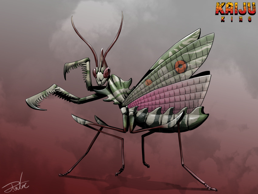 animal_focus antennae arms_up artist_name bug commentary english_text full_body giant giant_monster godzilla_(series) gugenheim98 highres insect_wings kaiju kamacuras looking_back monster multiple_legs no_humans pink_eyes praying_mantis simple_background solo spikes toho wings