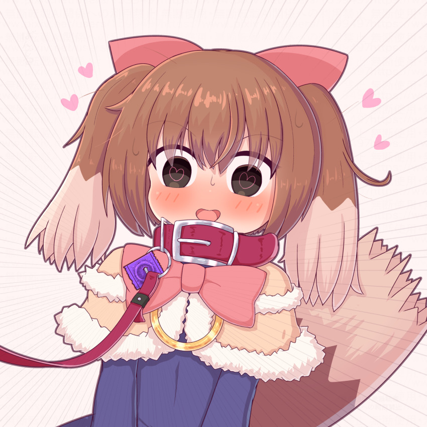 1girl animal_ears black_eyes blush bow_alma brown_hair collar condom dog_ears dog_girl dog_tail emil_chronicle_online hair_ribbon heart heart-shaped_pupils highres leash open_mouth pink_ribbon ribbon rna0 symbol-shaped_pupils tail white_background