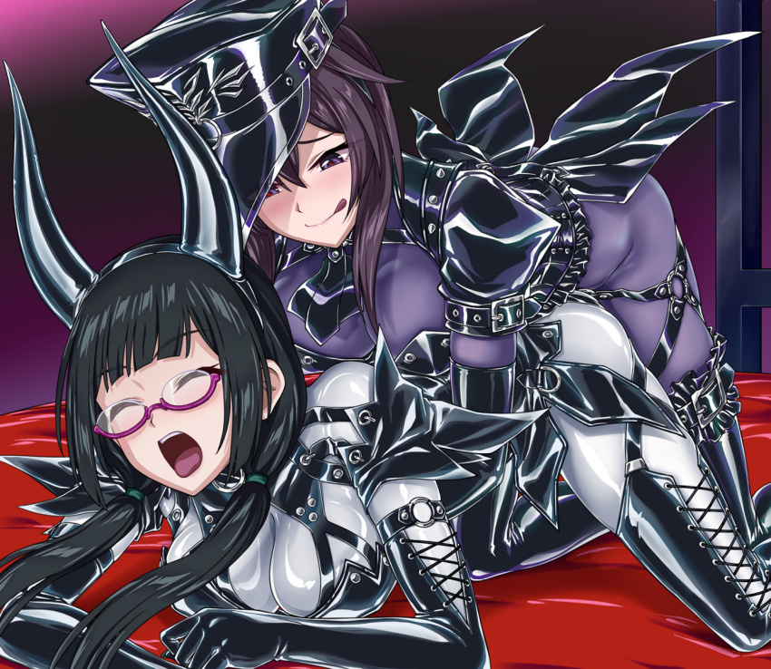 2girls black_gloves black_hair black_shrug black_thighhighs bodysuit brown_hair closed_eyes commission elbow_gloves fake_horns glasses gloves hat highres horns implied_futanari implied_strap-on impossible_bodysuit impossible_clothes latex latex_bodysuit licking_lips multiple_girls open_mouth original peaked_cap purple_bodysuit purple_eyes ribimura semi-rimless_eyewear shiny_clothes shrug_(clothing) skin_tight thighhighs tongue tongue_out under-rim_eyewear white_bodysuit yuri