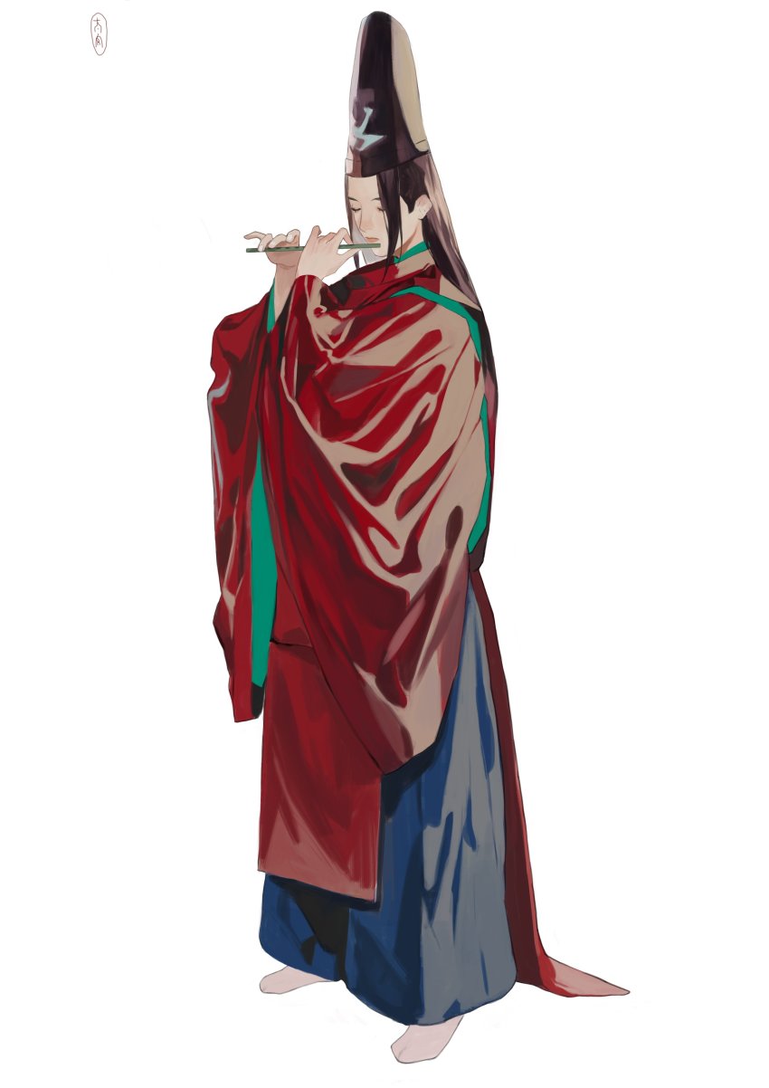 1boy absurdres alternate_color black_hair black_hat closed_eyes flute fujiwara_no_sai full_body hakama hat highres hikaru_no_go instrument japanese_clothes kariginu long_hair long_sleeves male_focus music no_shoes playing_instrument socks solo standing straight_hair tairou tate_eboshi wide_sleeves
