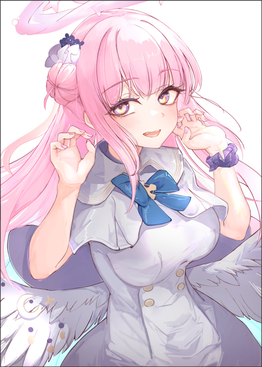 1girl :d absurdres asaikeu blue_archive breasts buttons capelet commentary crescent_moon double-breasted dress flower hair_bun hair_flower hair_ornament halo high-waist_skirt highres long_hair looking_back low_wings mika_(blue_archive) moon multicolored_eyes open_mouth pink_hair pink_halo purple_eyes purple_scrunchie scrunchie single_hair_bun skirt smile solo teeth white_capelet white_dress white_skirt wing_ornament wings wrist_scrunchie yellow_eyes