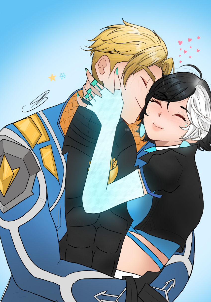 1boy 1girl ahoge artist_name asymmetrical_gloves black_gloves black_hair black_jacket blonde_hair blue_eyes blue_jacket blush closed_eyes couple earrings gloves glowing hand_on_another&#039;s_face happy heart heterochromia highres hug jacket jewelry kiss kissing_cheek luna_snow marvel marvel_rivals mismatched_gloves multicolored_hair nail_polish non-web_source peter_quill pink_lips shirt short_hair signature simple_background smile snowflakes star-lord star_(symbol) white_shirt