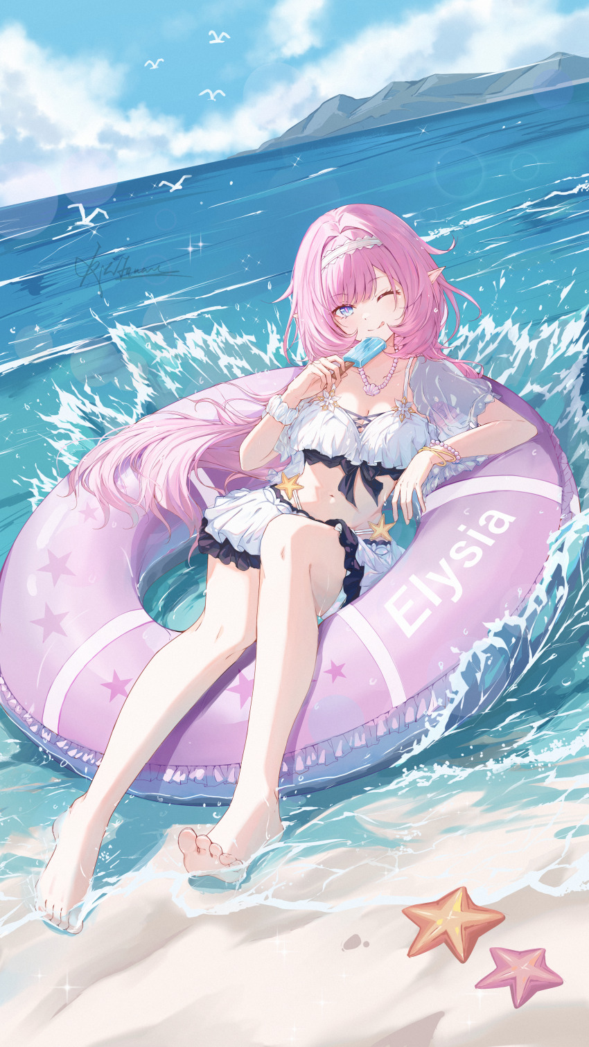 1girl ;) absurdres afloat barefoot beach bikini blue_eyes blue_sky breasts character_name chinese_commentary cleavage commentary_request elf elysia_(honkai_impact) elysia_(miss_pink_elf)_(honkai_impact) elysia_(summer_miss_elf)_(honkai_impact) feet food hairband highres holding holding_food holding_popsicle honkai_(series) honkai_impact_3rd jewelry large_breasts licking_lips navel necklace neet_(jdud2284) ocean official_alternate_costume one_eye_closed outdoors pink_hair pointy_ears popsicle purple_innertube shell shell_necklace sky smile soles solo starfish stomach swimsuit toes tongue tongue_out white_bikini white_hairband