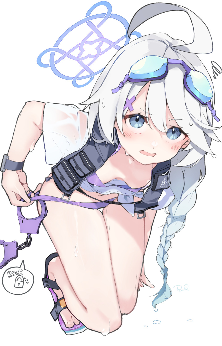 1girl absurdres ahoge bikini black_vest blue_archive blue_eyes blue_halo blush braid breasts full_body goggles goggles_on_head grey_hair halo highres kirino_(blue_archive) kirino_(swimsuit)_(blue_archive) long_hair looking_at_viewer official_alternate_costume open_clothes open_mouth open_shirt open_vest purple_bikini ryo_(ryo_skrdi) sandals shirt short_sleeves simple_background single_braid small_breasts solo swimsuit toes vest white_background white_shirt