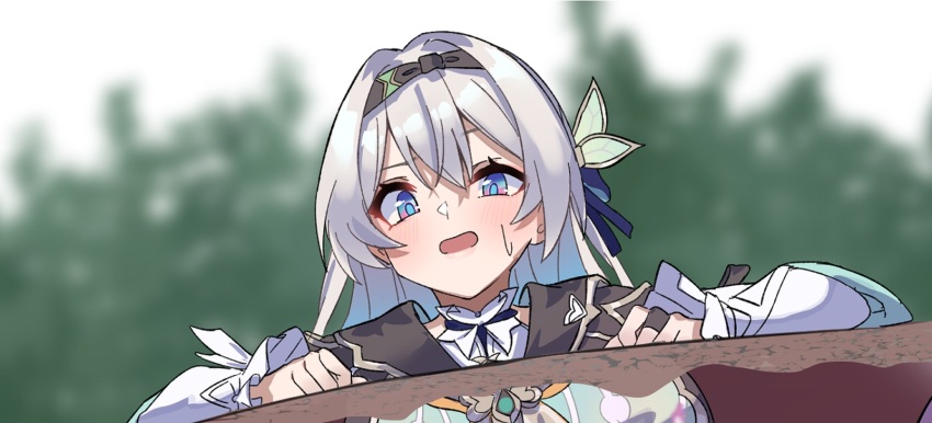 1girl black_hairband black_jacket blue_eyes blue_pupils blue_ribbon blurry blurry_background blush bridal_gauntlets collared_shirt firefly_(honkai:_star_rail) frilled_sleeves frills gradient_eyes green_pupils grey_hair hair_between_eyes hair_intakes hair_ornament hair_ribbon hairband highres honkai:_star_rail honkai_(series) jacket long_sleeves multicolored_eyes neckerchief open_mouth orange_neckerchief ribbon shirt single_bridal_gauntlet solo stuck sweatdrop white_shirt white_sleeves ynfkin