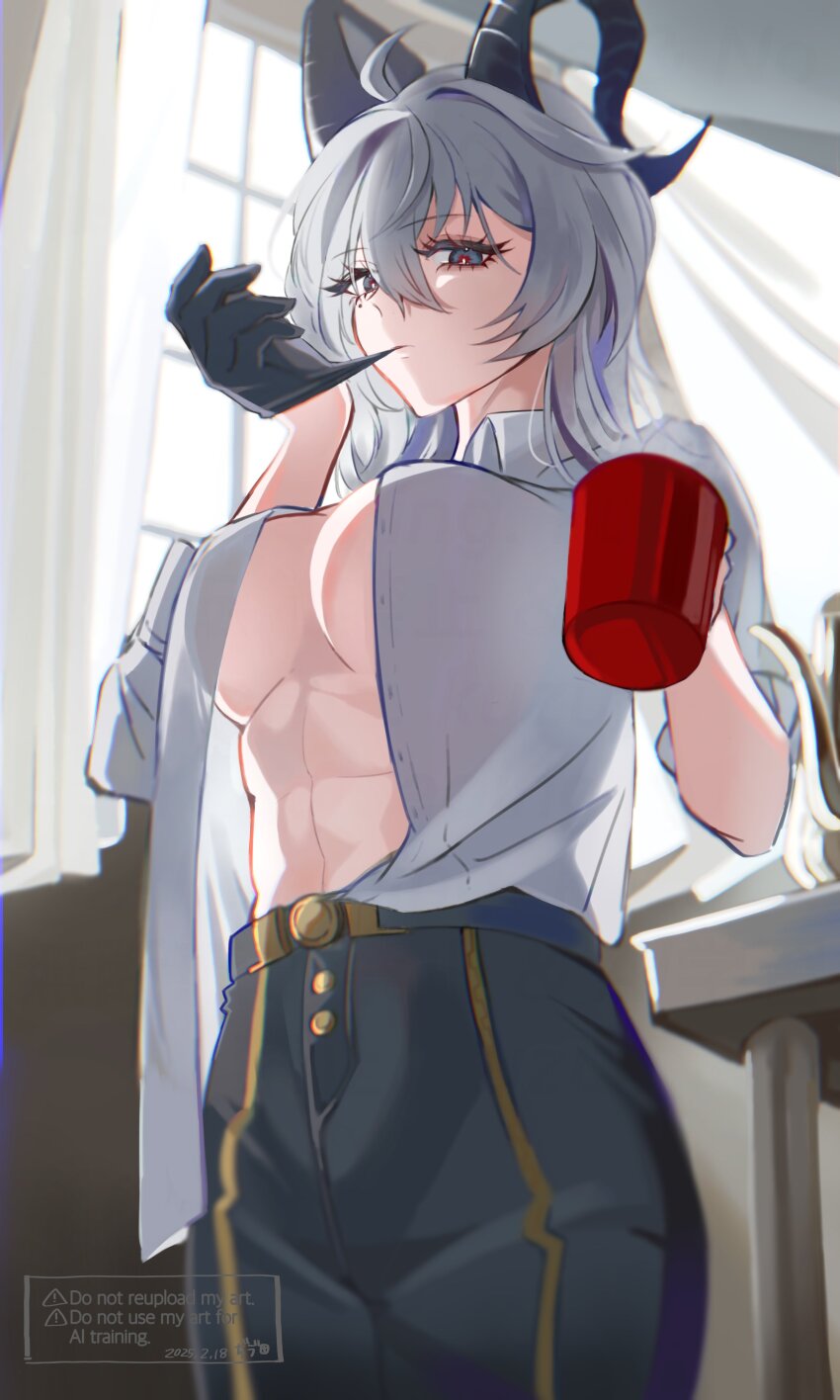 1girl abs absurdres biting biting_glove black_eyes black_gloves black_horns black_pants breasts closed_mouth coffee_mug collared_shirt commentary cowboy_shot cup curled_horns curtains english_commentary gloves hair_between_eyes highres holding holding_cup horns indoors large_breasts looking_at_viewer medium_hair mug muscular muscular_female open_clothes open_shirt pants revision shirt shirt_partially_tucked_in solo toned toned_female wafuu_tsunamayo white_hair white_shirt window wuthering_waves zani_(wuthering_waves)