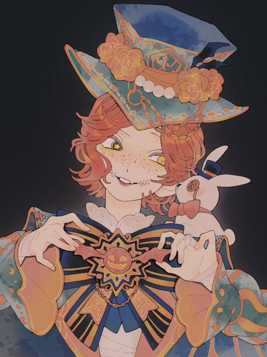 1boy adjusting_bowtie androgynous bandaged_fingers bandaged_wrist bandages bishounen black_background black_eyes bow commentary facing_viewer fang fantasy film_grain flower freckles hands_up hat hat_chain hat_flower hat_ornament head_tilt heterochromia highres identity_v layered_clothes light_smile lips long_sleeves looking_at_object looking_to_the_side male_focus mike_morton mike_morton_(tea_party) mismatched_pupils object_on_shoulder official_alternate_costume orange_hair orange_trim parted_bangs parted_lips portrait raised_eyebrow short_hair simple_background star-shaped_pupils star_(symbol) stitched_mouth stitches striped_bow stuffed_animal stuffed_rabbit stuffed_toy symbol-only_commentary symbol-shaped_pupils top_hat tsuntenponten two-tone_bow unkempt yellow_eyes