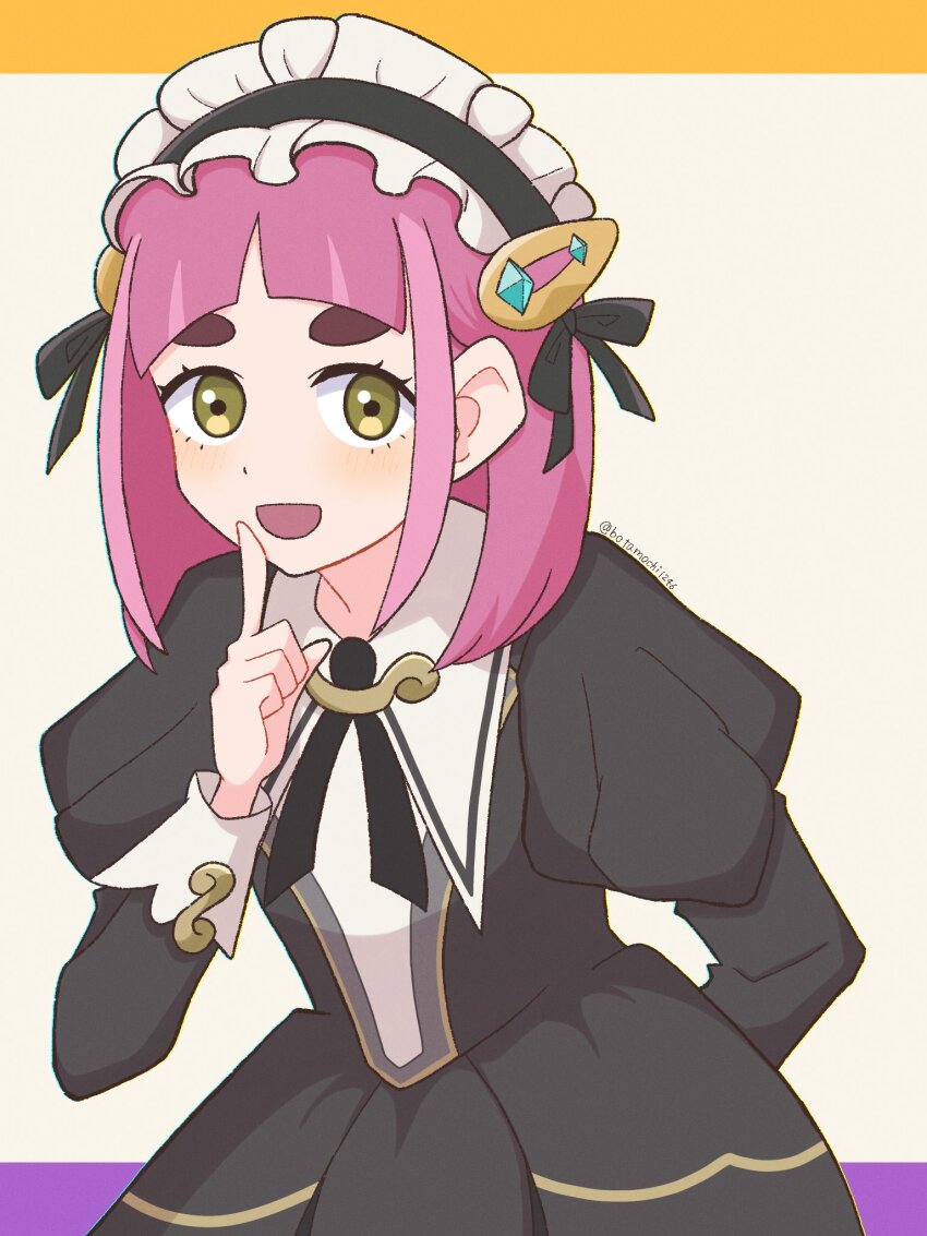 1girl :d arched_bangs arm_behind_back black_dress botamochi126 brown_eyes dress hair_ornament hairclip highres index_finger_raised juliet_sleeves lacey_(fall_2025)_(pokemon) lacey_(pokemon) long_sleeves looking_at_viewer maid maid_headdress nintendo official_alternate_costume open_mouth pink_hair pokemon pokemon_masters_ex puffy_sleeves short_hair simple_background smile solo thick_eyebrows twitter_username