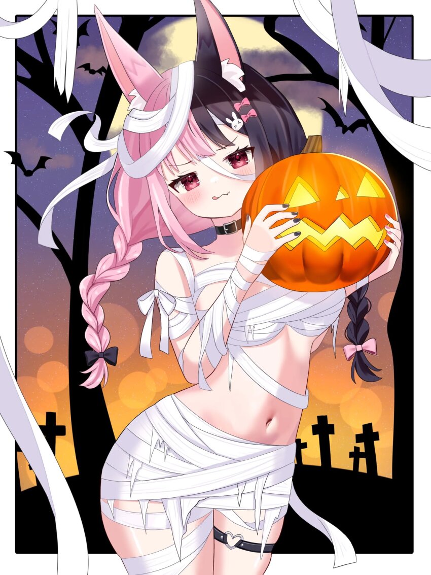 1016_ayan 1girl animal_ear_fluff animal_ears bat_(animal) black_choker black_hair black_nails blush border braid breasts choker closed_mouth commentary cowboy_shot english_commentary fingernails halloween_costume heart heart_o-ring highres holding holding_pumpkin indie_virtual_youtuber jack-o&#039;-lantern long_hair looking_at_viewer marshie_(vtuber) medium_breasts multicolored_hair mummy_costume nail_polish navel o-ring o-ring_thigh_strap outside_border pink_hair pumpkin rabbit_ears rabbit_girl red_eyes second-party_source solo split-color_hair stomach thigh_strap tongue tongue_out twin_braids two-tone_hair virtual_youtuber white_border