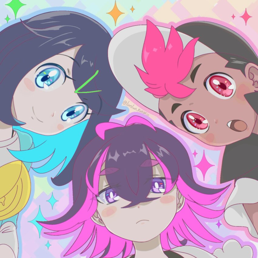 1boy 2girls absurdres bag blue_eyes blue_hair blush blush_stickers closed_mouth dot_(pokemon) frown hair_ornament hairclip hat highres liko_(pokemon) multiple_girls nintendo open_mouth pink_hair pokemon pokemon_(anime) pokemon_horizons purple_eyes purple_hair red_eyes roy_(pokemon) runachikku smile