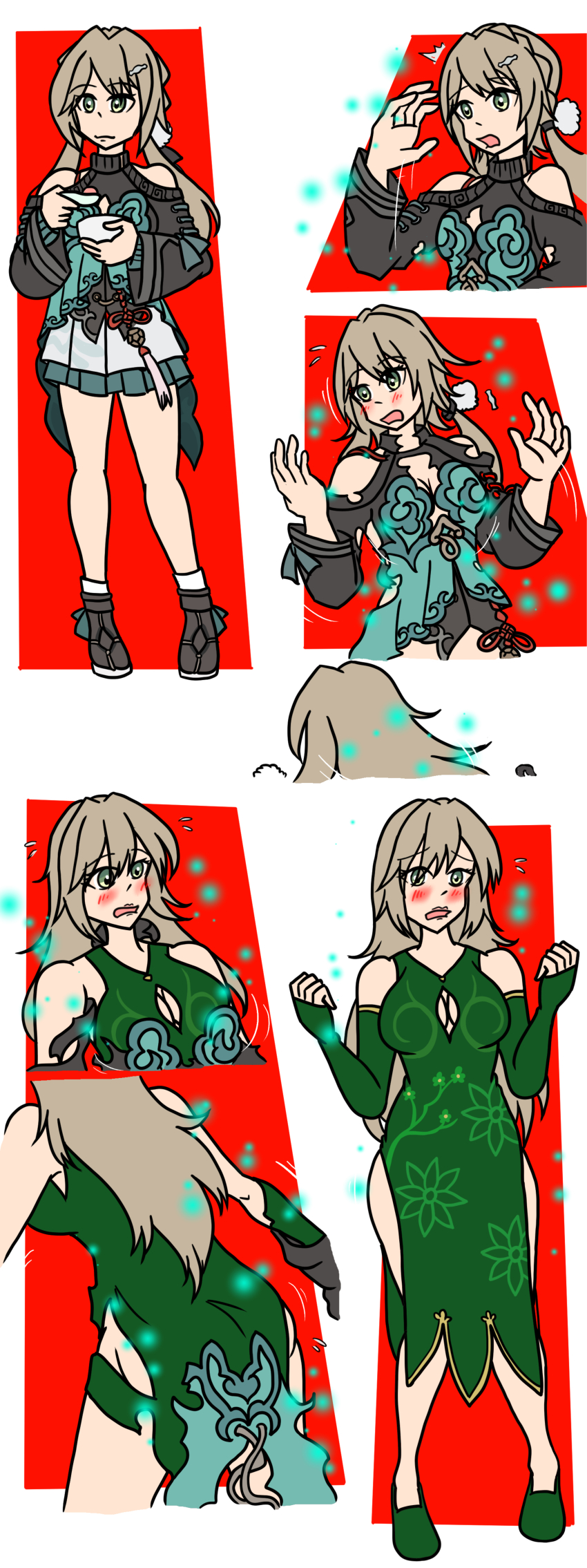 1girl absurdres age_progression aged_up ankle_boots aqua_dress ass bare_shoulders black_gloves black_sleeves blue_eyes blush boots bowl braid breasts bridal_gauntlets brown_hair china_dress chinese_clothes cleavage cleavage_cutout clenched_hands closed_mouth clothing_cutout confetti crown_braid detached_sleeves dress eating embarrassed flying_sweatdrops full_body gloves green_dress green_eyes green_gloves green_sleeves grey_hair hair_between_eyes hair_ribbon hands_up highres holding holding_bowl honkai:_star_rail honkai_(series) large_breasts long_hair long_sleeves looking_at_viewer low_ponytail medium_breasts miniskirt multiple_expressions multiple_views open_mouth pleated_skirt ponytail qingque_(honkai:_star_rail) red_background ribbon shoes shoulder_cutout simple_background skirt sleeveless sleeveless_dress smile socks ssongjart standing surprised wavy_mouth white_background white_skirt white_socks