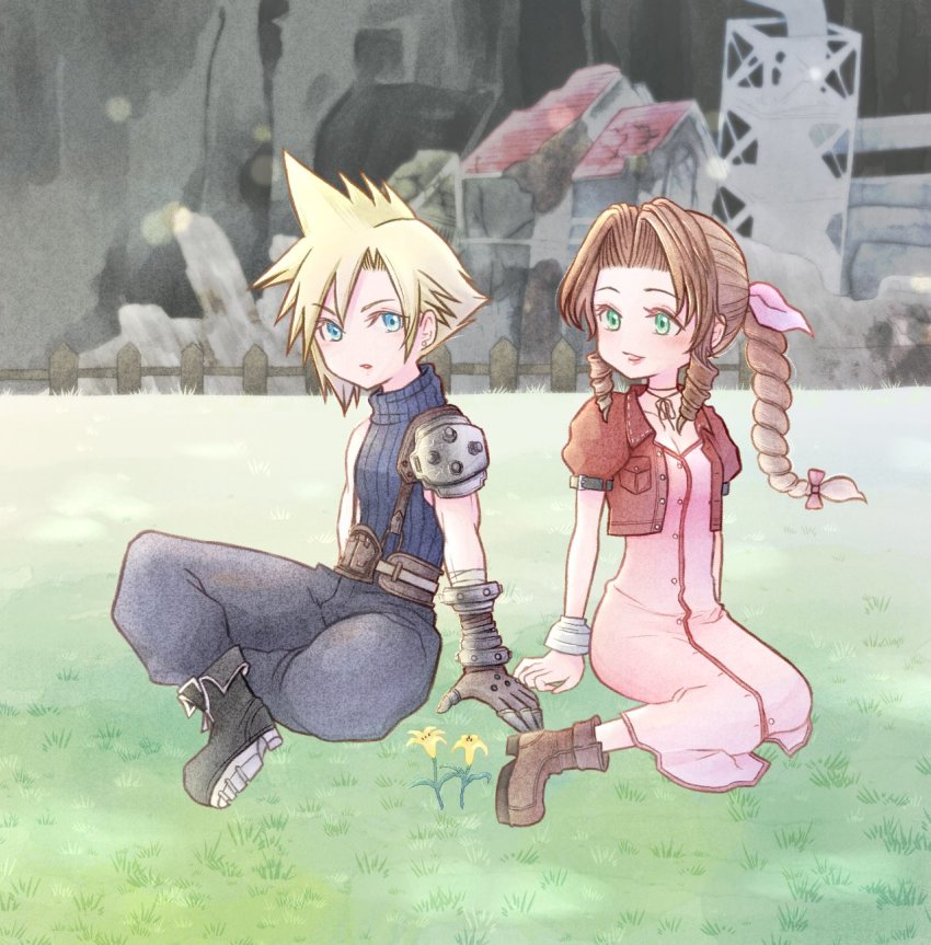 1boy 1girl aerith_gainsborough armor baggy_pants belt black_footwear blonde_hair blue_eyes blue_pants blue_shirt bluelimbo8888 boots braid braided_ponytail breasts brown_footwear brown_hair choker cleavage cloud_strife cropped_jacket curly_hair debris dress final_fantasy final_fantasy_vii flower full_body gloves grass green_eyes hair_ribbon highres jacket long_dress long_hair looking_at_another medium_breasts outdoors pants parted_bangs pink_dress pink_ribbon puffy_short_sleeves puffy_sleeves red_jacket ribbon shirt short_hair short_sleeves shoulder_armor sidelocks sitting sleeveless sleeveless_turtleneck smile spiked_hair square_enix suspenders turtleneck yellow_flower