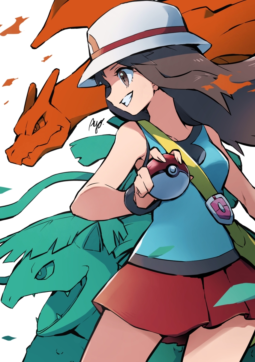 1girl ayo_(ayosanri009) blue_shirt brown_eyes brown_hair charizard gen_1_pokemon grin hat highres holding holding_poke_ball leaf_(pokemon) nintendo poke_ball poke_ball_(basic) pokemon pokemon_(creature) pokemon_frlg red_skirt shirt signature skirt sleeveless sleeveless_shirt smile venusaur white_hat wristband