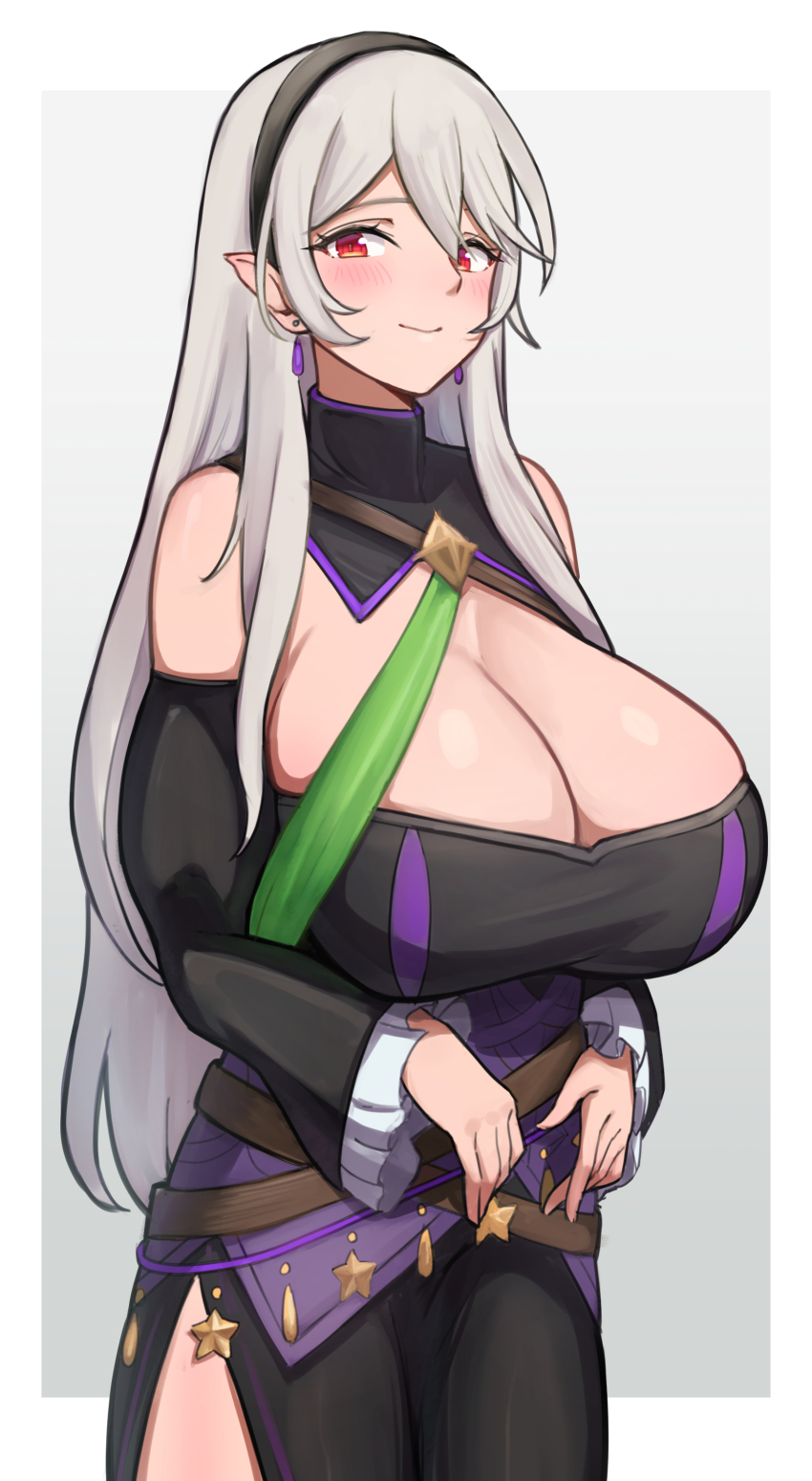 1girl absurdres alternate_breast_size belt black_hairband blush border breasts cleavage closed_mouth commentary commentary_request commission corrin_(female)_(fire_emblem) corrin_(female)_(halloween)_(fire_emblem) english_commentary fire_emblem fire_emblem_fates fire_emblem_heroes grey_background grey_hair hairband highres huge_breasts long_hair looking_at_viewer mixed-language_commentary nintendo official_alternate_costume oruru63100814 outside_border pointy_ears red_eyes simple_background skeb_commission smile solo standing star_(symbol) white_border