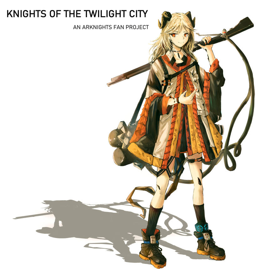 1girl absurdres ankle_boots arknights black_choker black_horns black_socks blonde_hair boots brown_boots cede_(xxmaycry) chinese_commentary choker closed_mouth commentary_request copyright_name dress english_text fingernails full_body gun highres holding holding_gun holding_weapon horns ifrit_(arknights) infection_monitor_(arknights) kneehighs layered_dress long_sleeves looking_at_viewer material_growth medium_hair mixed-language_commentary multicolored_dress nail_polish orange_eyes orange_nails oripathy_lesion_(arknights) partial_commentary shadow simple_background smile socks solo standing strap weapon white_background