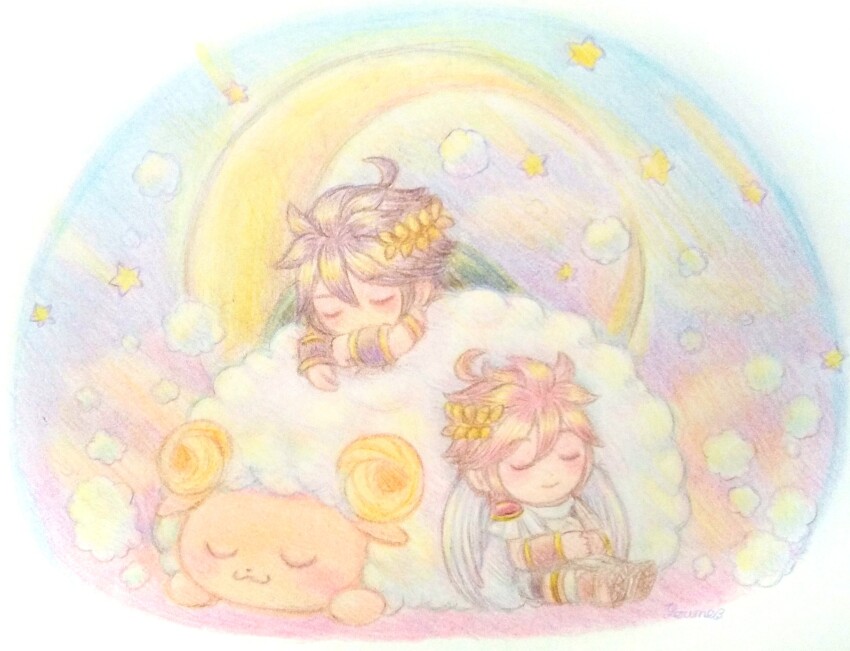 2boys ahoge angel angel_wings animal chibi chibi_only closed_eyes closed_mouth crescent dark_pit highres kid_icarus kid_icarus_uprising leaning_on_animal male_focus multiple_boys nintendo pastel_colors pit_(kid_icarus) sheep sky sleeping sleeping_animal star_(sky) starry_sky suruga_kanade traditional_media wings