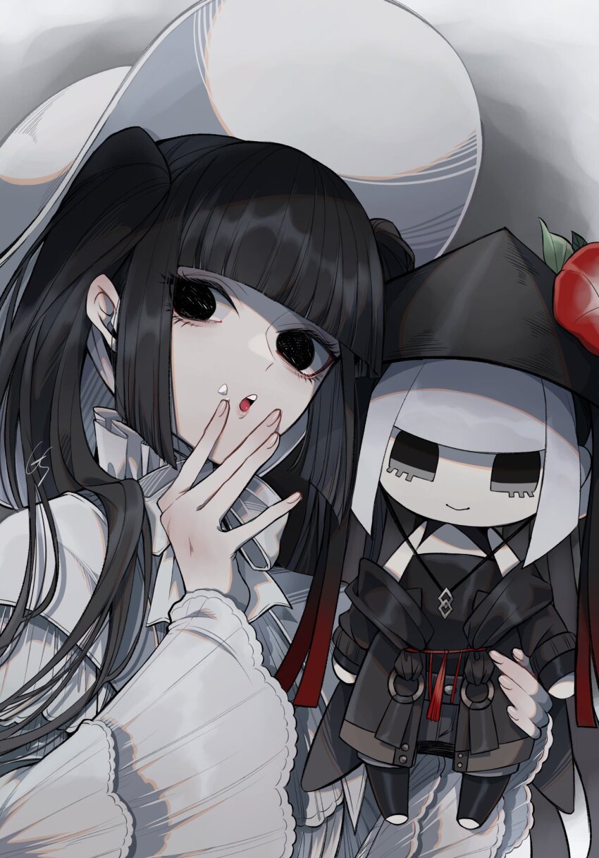 1girl black_eyes black_hair character_doll dress fate/grand_order fate_(series) food food_on_face grey_dress gs999000 hat highres komahime_(fate) long_hair role_reversal sen_no_rikyu_(fate) signature twintails wide_sleeves