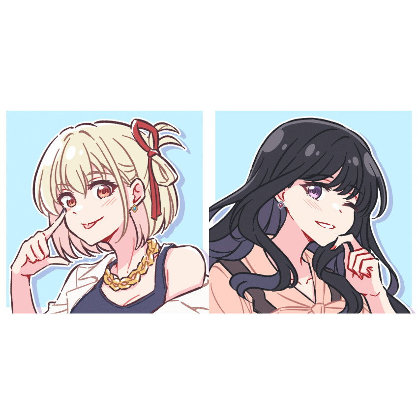 2girls akamirai black_hair blonde_hair chain earrings gold_chain grin hand_on_own_chin highres inoue_takina jewelry long_hair looking_at_viewer lycoris_recoil multiple_girls necklace nishikigi_chisato one_eye_closed portrait purple_eyes red_eyes red_ribbon ribbon short_hair single_earring smile tongue tongue_out